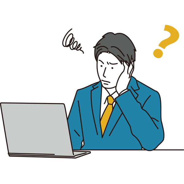 パソコンの前で頭を抱える男性のイラスト（悩みを表現）