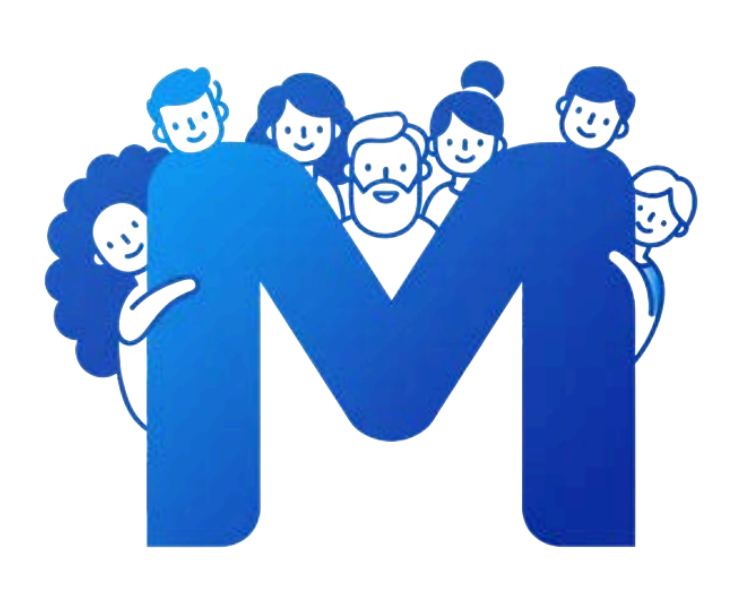 マイコムのロゴに人が集まるイラスト（チーム支援の仕組みを表現）